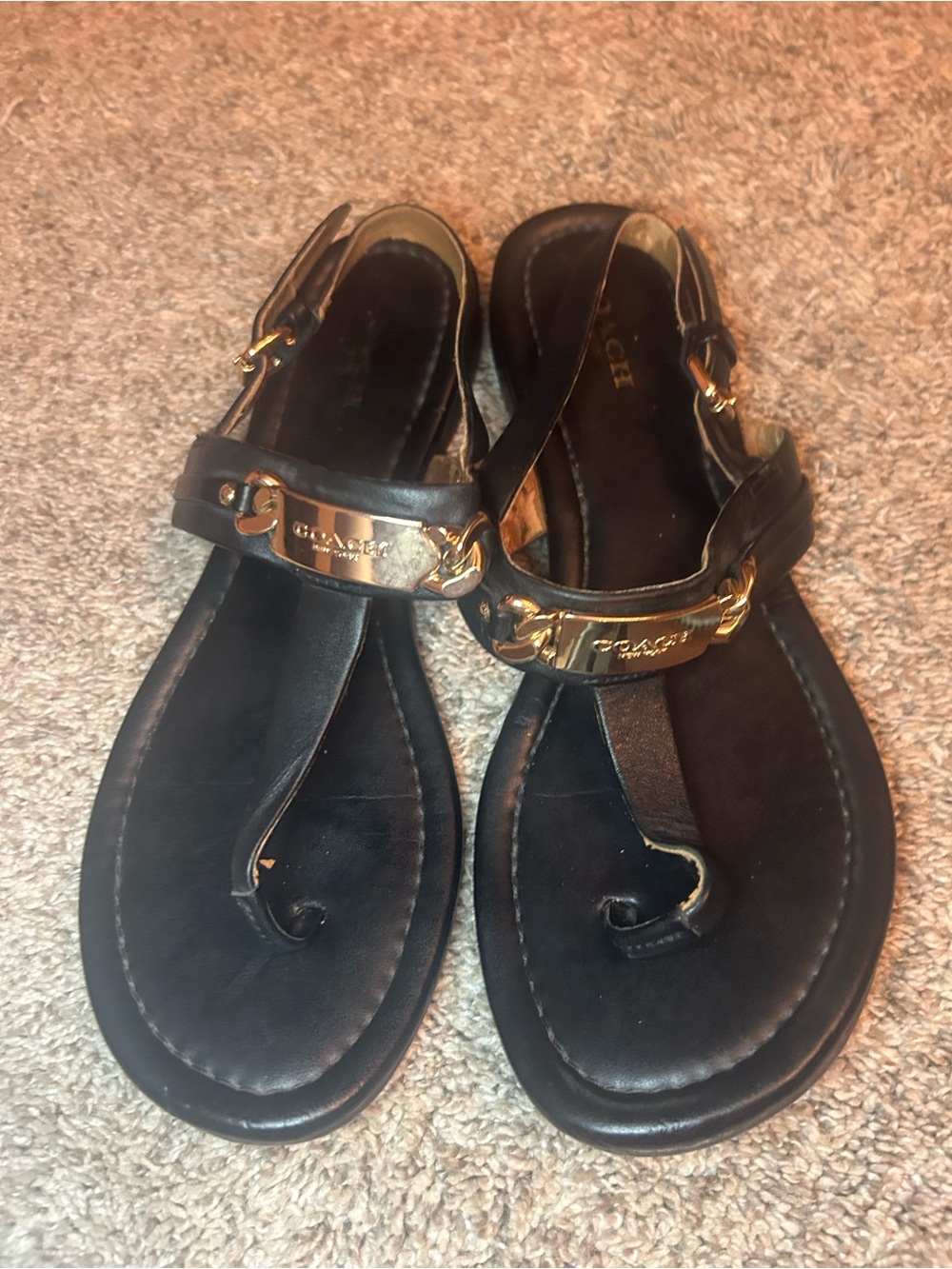 Coach Classic Black Leather T-Strap Sandals with Gold Hardware